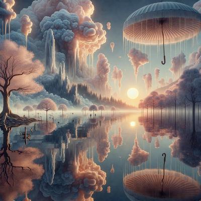 The primary subject of the image is a tree, which is situated in a serene environment surrounded by water and clouds. The setting appears to be a peaceful forest, with the sun shining through the clouds, creating a warm and inviting atmosphere. The visual style of the image is a combination of digital art and illustration, with the tree and its surroundings depicted in a vibrant and detailed manner. The colors and mood of the image are predominantly warm and soothing, with the sunlight and clouds adding